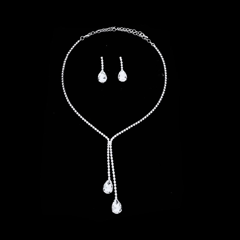 新品2023简约日韩水滴闪亮满钻婚礼爪链水钻晚宴套链项链耳环套装