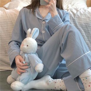 家居服月子服套装 100%纯棉睡衣女m春秋季 韩版 长袖 夏可外 女士大码