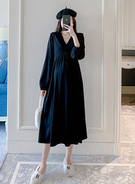 2022b孕妇装秋季新款V领设计感雪纺长袖洋装可外穿黑色中长版裙