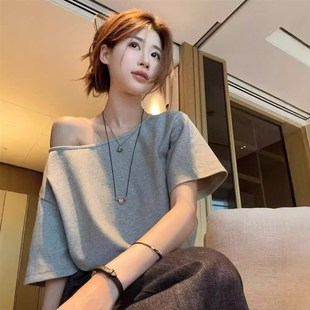 半袖 新款 體桖 女修r身一字領女生辣妹t恤上衣大碼 短袖 韓版 夏裝