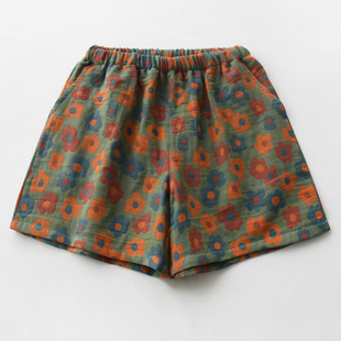 复古色织印花睡裤女士夏季纯棉纱布E薄款宽松口袋短裤家居裤沙滩