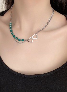 小清新串珠项链女小众设计拼接爱心锁骨链高级感颈链冷淡风项饰夏