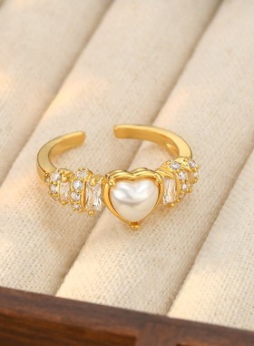 韩国时尚设计感个性开口戒指女2024年新款爱心指环精致珍珠食指戒
