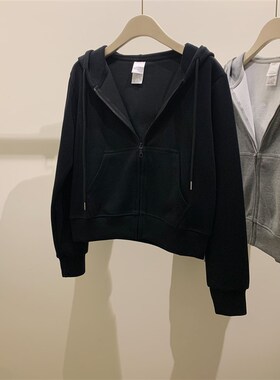 超好看连帽黑色短款卫衣外套女202C4新款春秋季薄款小个子拉链开