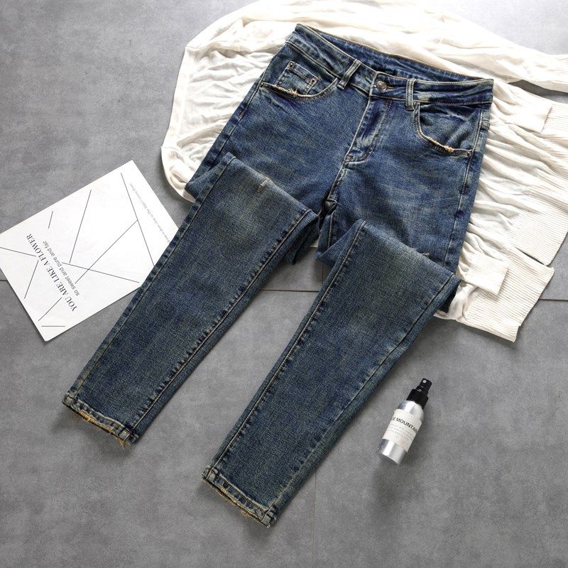 秋冬潮流磨破洞水洗牛仔裤男士蓝色修身弹力小脚青年休闲百搭长裤