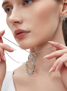 CUSSK 线条少女吊坠项链高级感抽拉可调节毛衣链轻奢甜酷配饰