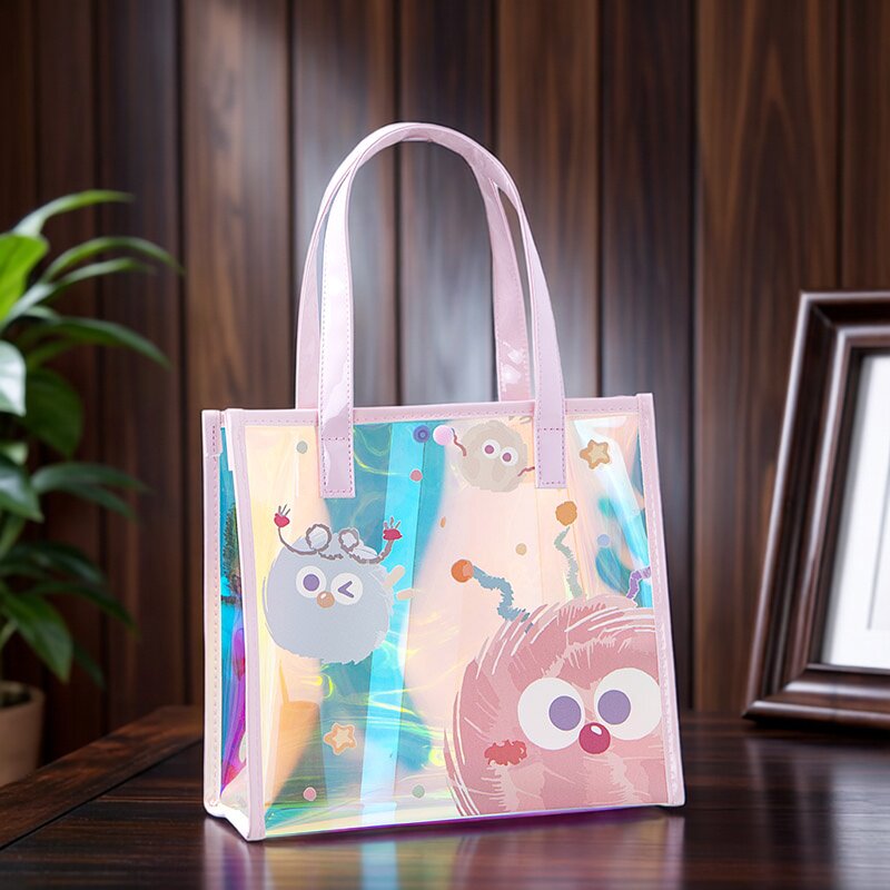 镭射炫彩时尚手提袋新款便携透明手提包女大容量收纳袋通勤托特包