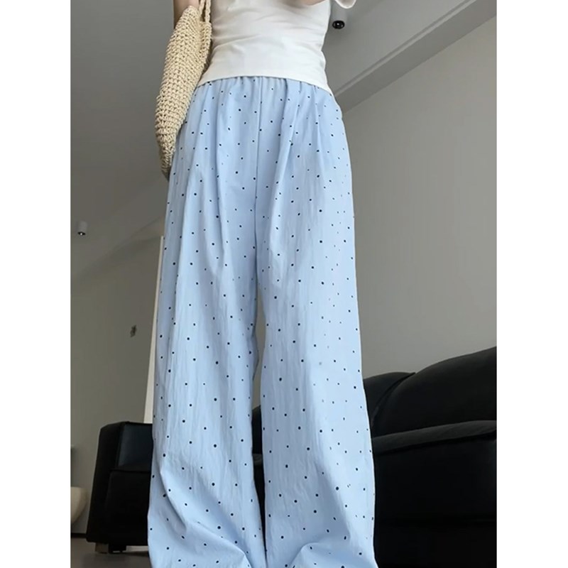 蓝色波点鸭梨身材裤子女胖mm大码显瘦夏日遛弯裤松弛感休闲阔腿裤