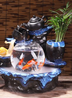 陶瓷鱼缸流水喷泉招财禅意家居中式摆件办公O室装饰品开业乔迁礼