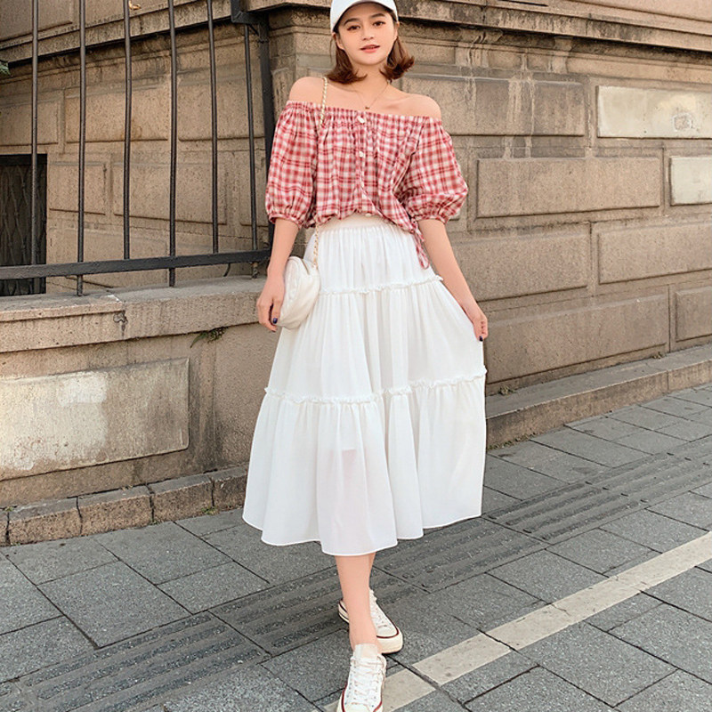 雪纺拼接中长款高腰白色a字半身裙甜美荷叶大摆百褶蛋糕裙仙女夏