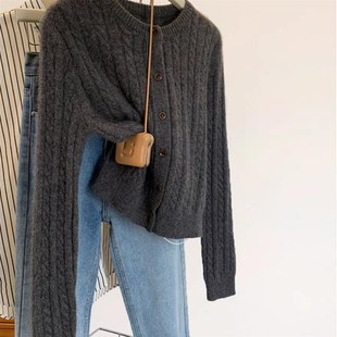 灰色麻花毛衣外套针织开衫 麻花线衣春秋内搭小个子上衣 女外穿短款