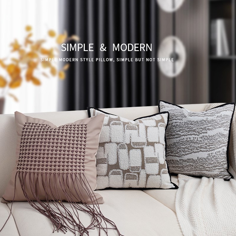 奶油风客厅沙发抱枕黑白简约几何靠垫腰枕皮质编织手工方枕套