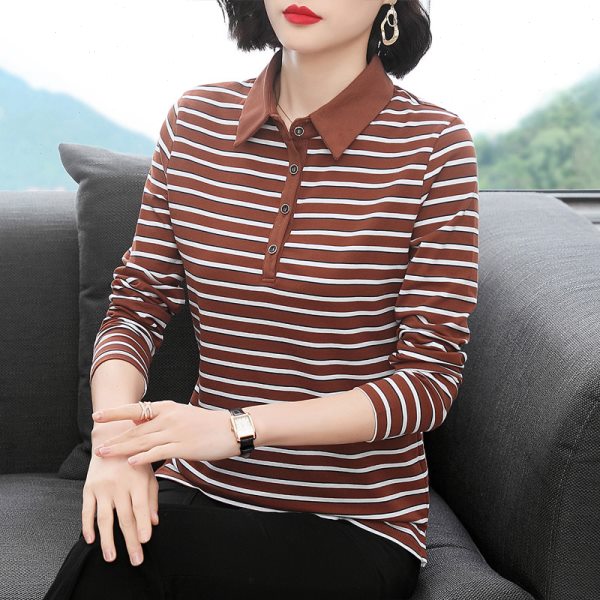 纯棉长袖t恤女有领子上衣中老年妈妈秋装2024款五十岁翻领打底衫