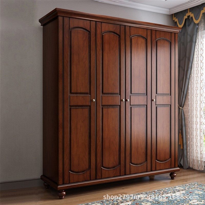 美式实木大衣柜家用卧室四门简约现代桃花芯木对开门衣橱储物柜