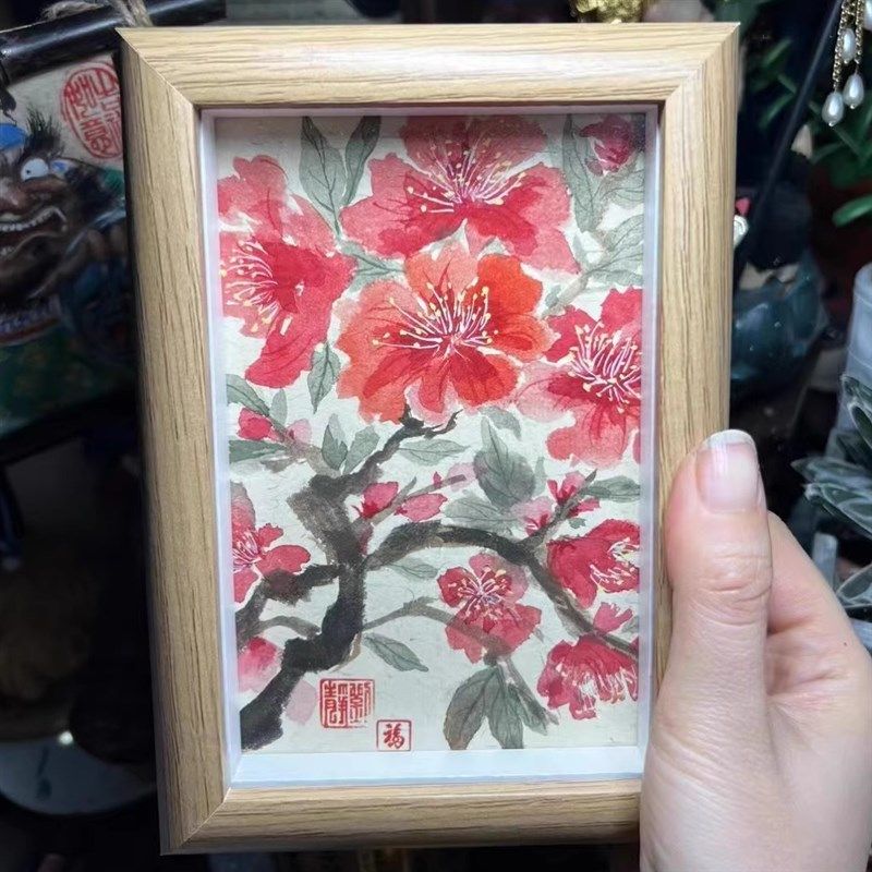 【真实手绘】国画定制摆件实木木相框茶室挂画卧室装饰字画摆台件