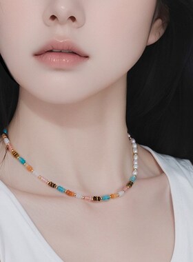 民族风彩色飞盘石串珠珍珠项链多巴胺混色小众复古串珠珍珠锁骨链