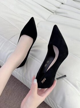 优质羊京绒面黑色超高跟晚宴女单鞋四季百搭工作鞋2024新款高跟鞋