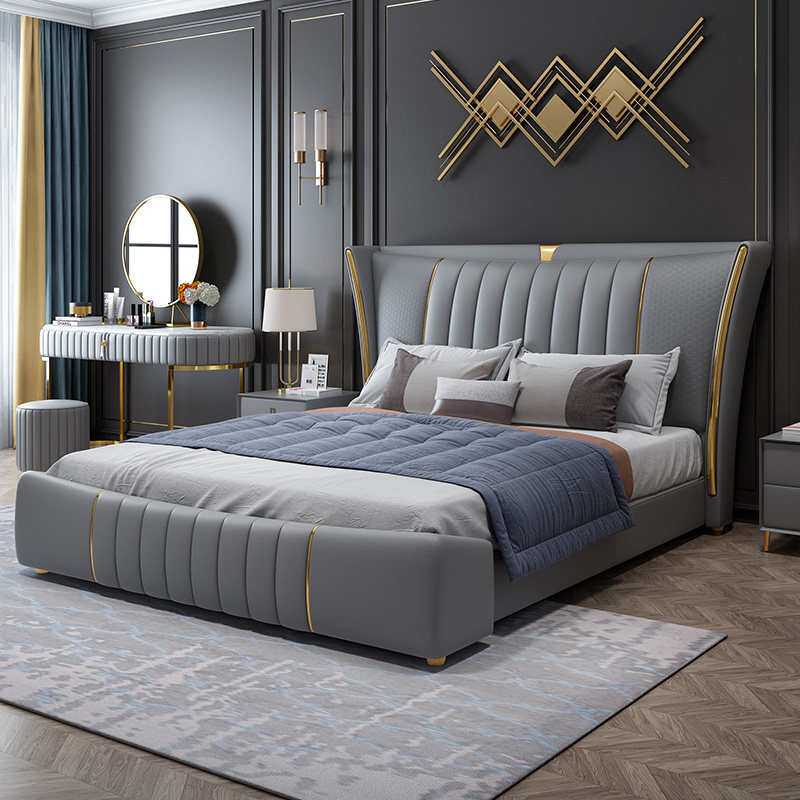 意式轻奢真皮床主卧室1.8米现代简约奢华双人床1.5米北欧皮艺婚