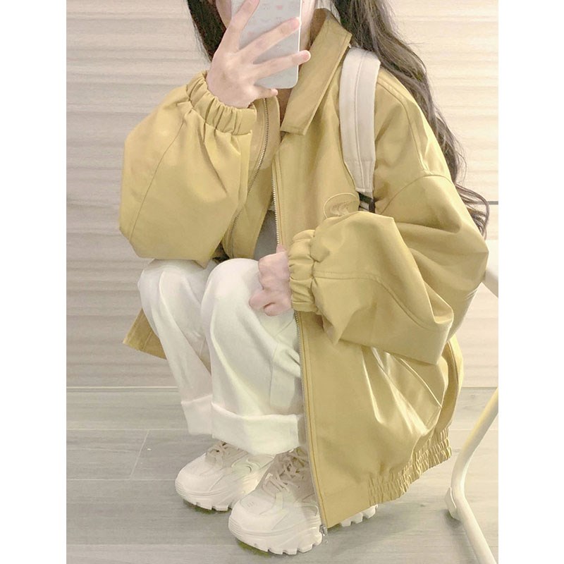 美式复古小个子工装pu皮衣外套女秋季新款M宽松学院风皮夹克棒球