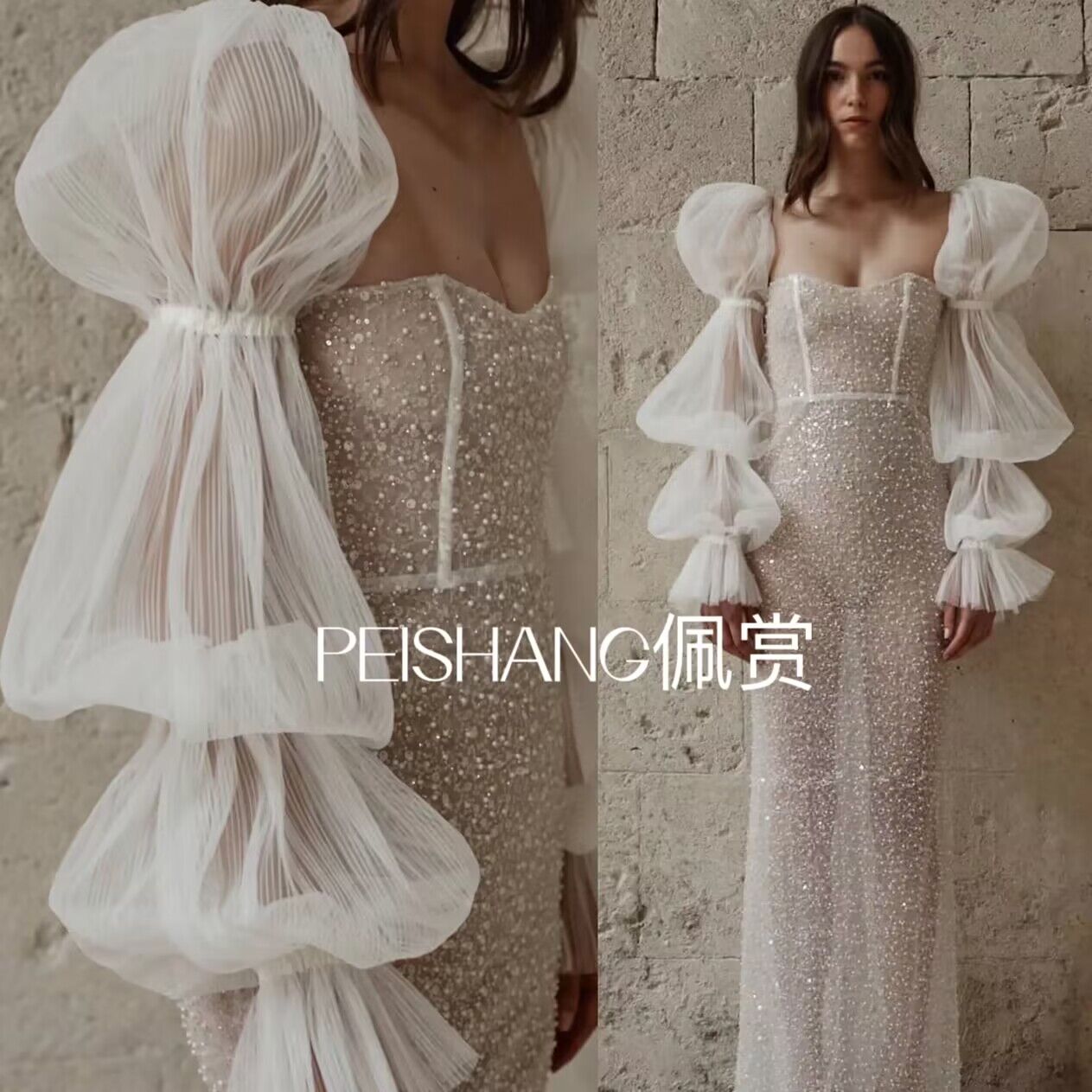 白色长款袖子抹胸婚n纱礼服网纱袖子臂袖手袖造型拍照款手套加长