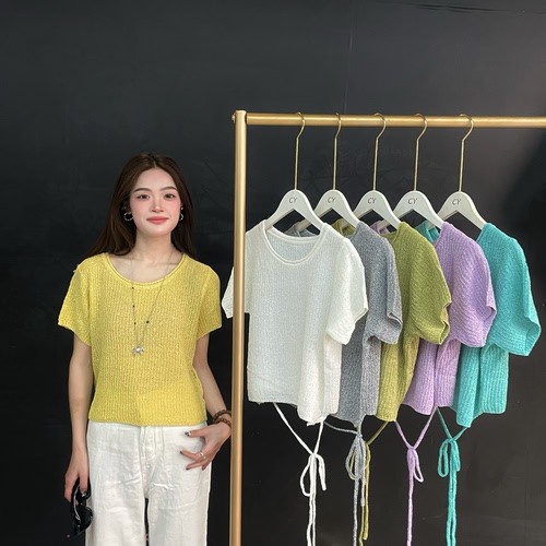 2026新款镂空绑带圆领针织衫女宽松显瘦百搭短袖多巴胺上衣T恤衫