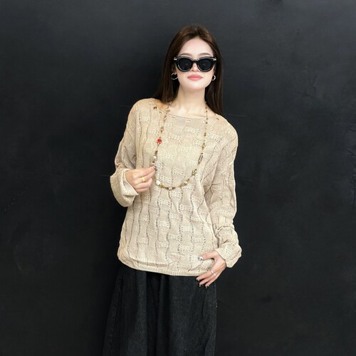 欧洲站2026春夏新款时尚小镂空百搭显瘦减龄长袖针织上衣女