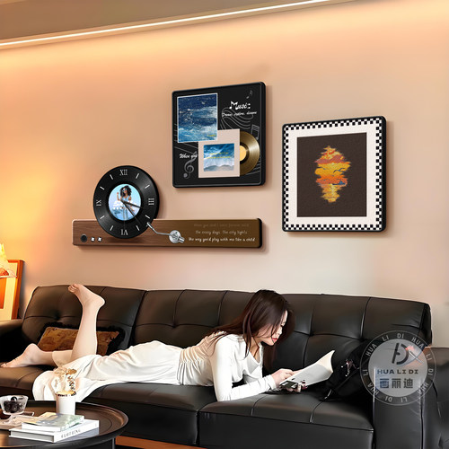 黑胶唱片客厅装饰画中古风沙发背景壁画覆古高级创意餐厅钟表挂画
