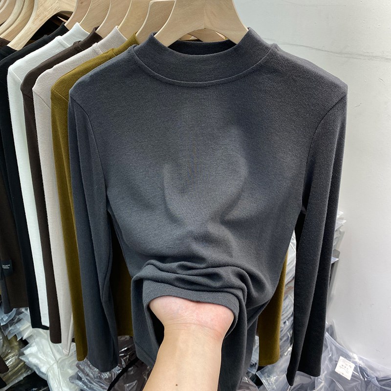 美式立领打底衫女l内搭春秋新款圆领叠穿加绒长袖T恤百搭修身上衣