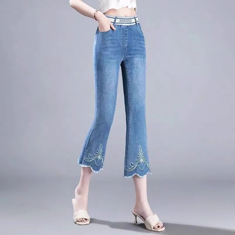 高腰显瘦七分微喇牛仔裤女夏季装2025新款韩版薄款V修身毛边喇叭