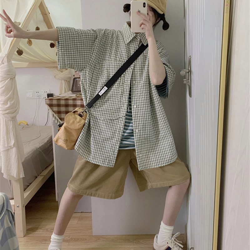 纯棉卡其色阔g腿工装短裤女夏季日系复古小个子中裤休闲宽松五分
