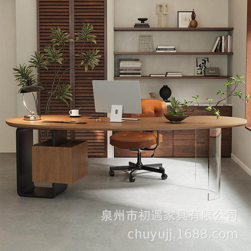 实木弧形老板桌轻奢高级感总裁办公室电脑桌现代简约商用书桌工作