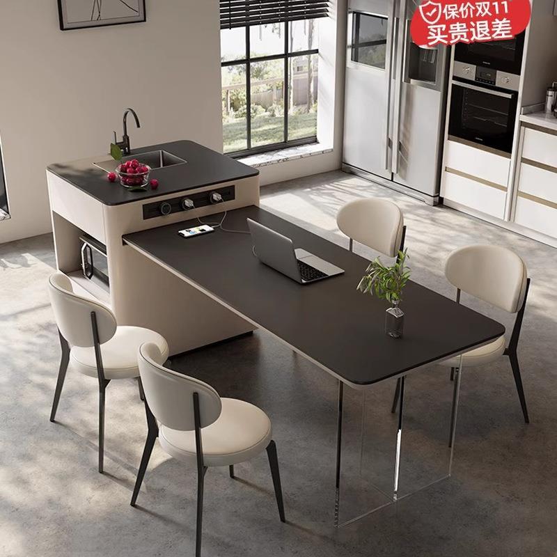 岛台高端岩板餐桌一体家用伸缩开放式厨房吧台带水槽悬浮导台