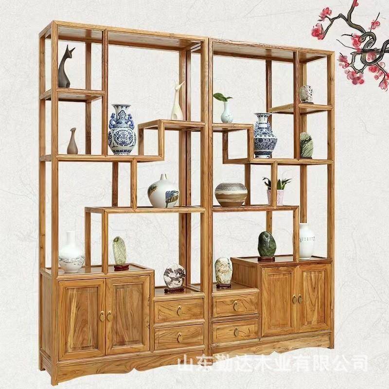 新中式榆木博古架纯实木家庭书架花瓶落地展示柜储物榆木柜