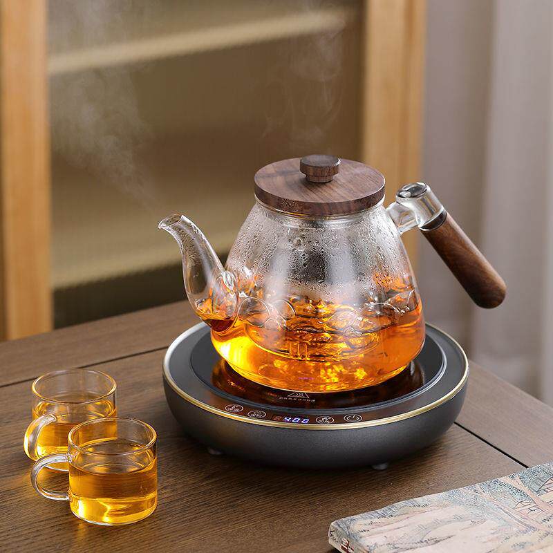 高硼硅玻璃煮茶壶胡桃木把手煮茶器耐热蒸煮茶壶茶壶烧水养生壶