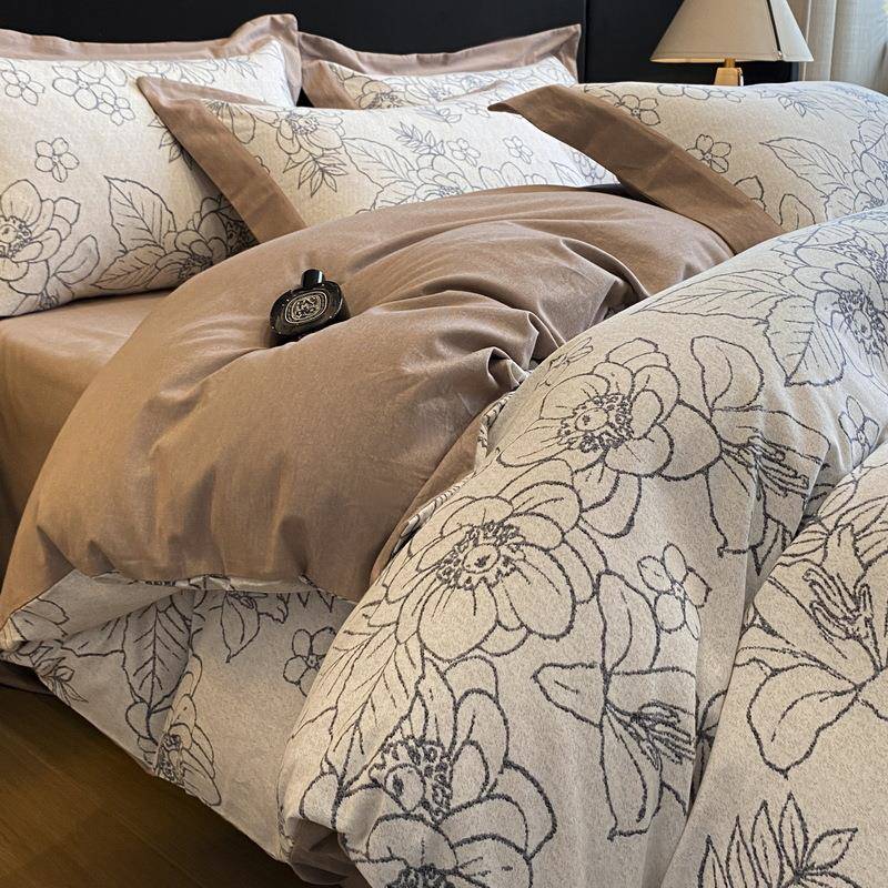 秋冬加厚新款全棉磨毛四件套美式轻奢印花纯棉被套床单笠床上用品