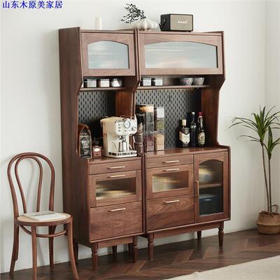 北欧黑胡桃木餐边柜实木吧台一体靠墙收纳柜日式樱桃木玻璃高酒柜