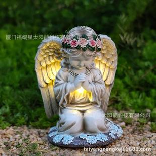 跨境新品树脂祈祷天使太阳能灯户外小女孩装饰花园摆件家居庭院灯