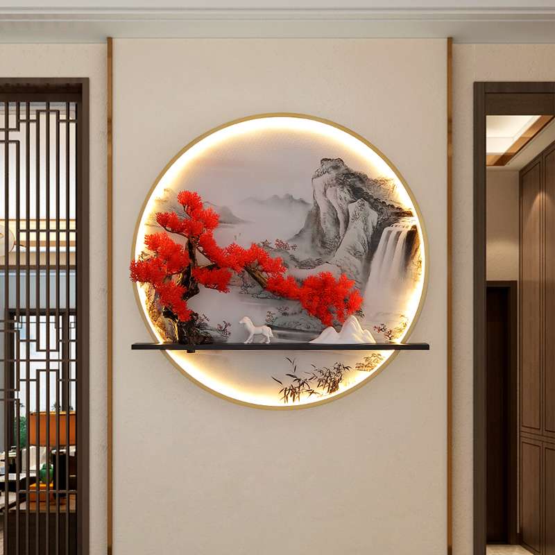 新中式壁画灯创意个性茶室圆形楼梯装饰挂画带灯玄关入户禅意灯具图片