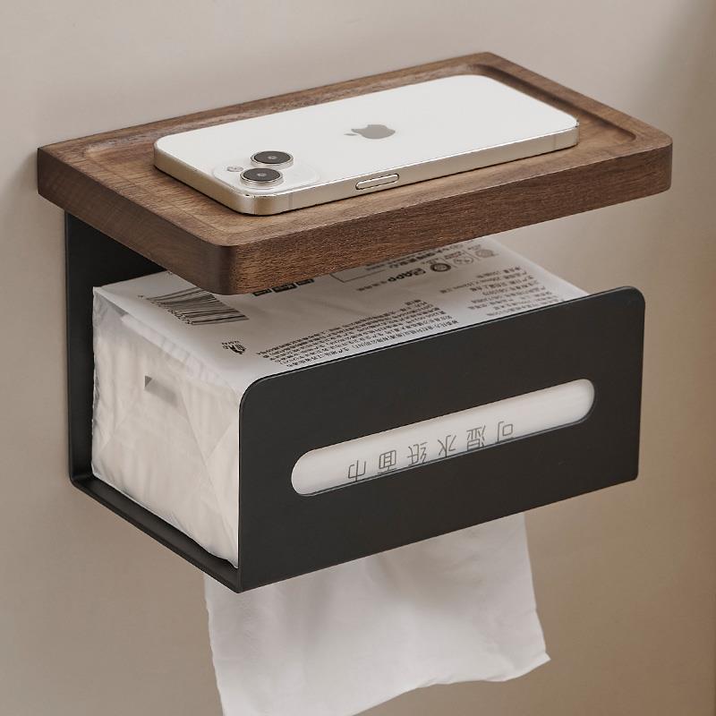 免打孔卫生间纸巾盒浴室洗手间挂卷纸厕所放抽纸胡桃木置物架