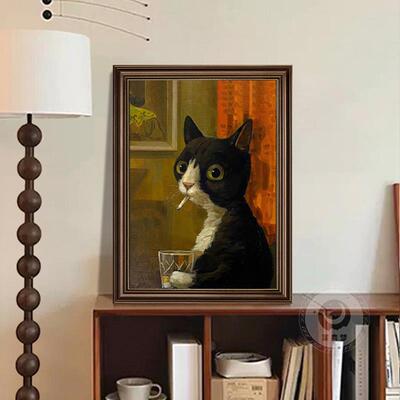 中古风客厅装饰画油画风可爱小狗卧室斗柜摆画美式复古艺术感挂画
