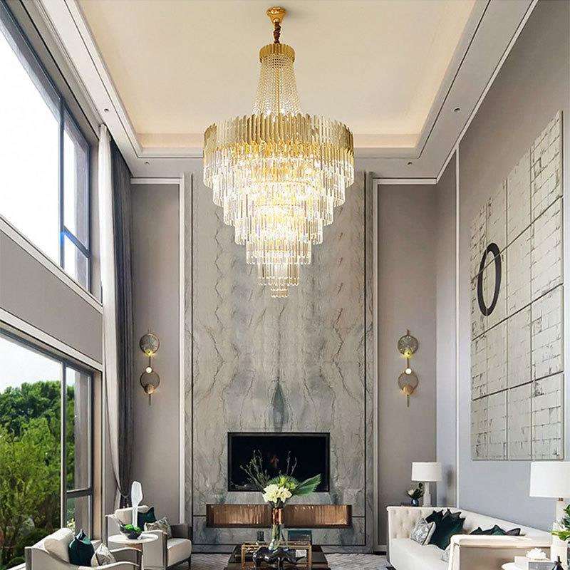 复式楼水晶大吊灯挑高客厅轻奢大型中空旋转楼梯跃层别墅工程灯具