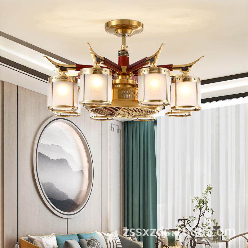 新中式全铜吊灯中国风实木风扇灯客厅铜灯餐厅隐形吊扇灯卧室灯具