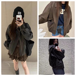 现货GROVE复古拉链宽松翻领棕色哑光做旧皮夹克廓形机车皮衣外套