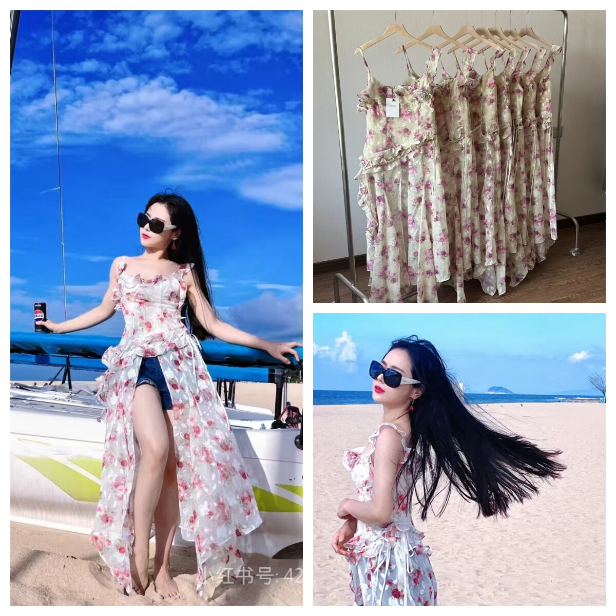 现货 seooocookie不规则荷叶边花朵印花吊带修身系带百搭无袖上衣