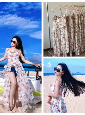 现货 seooocookie不规则荷叶边花朵印花吊带修身系带百搭无袖上衣