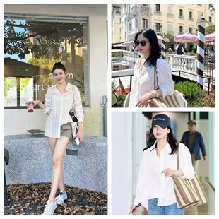 现货moia宋慧乔同款肌理感竖纹白色衬衫女夏宽松显瘦薄款防晒衬衣