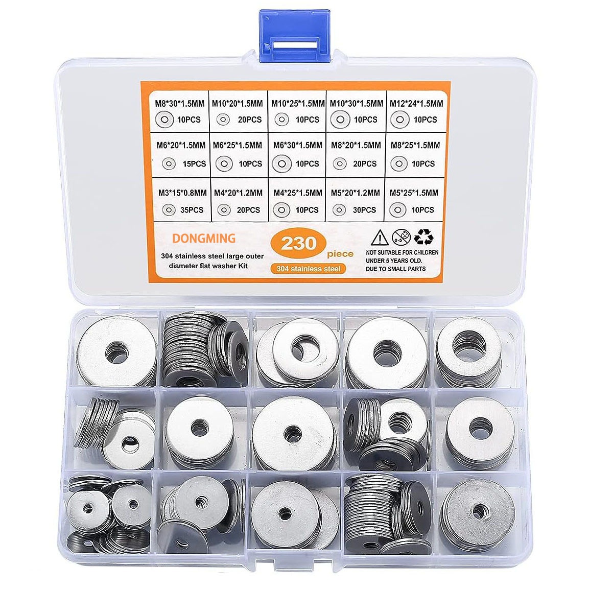 230pcs平垫圈套装 304不锈钢非标平垫片/M3M4M5M6M8M9M10M12/盒装