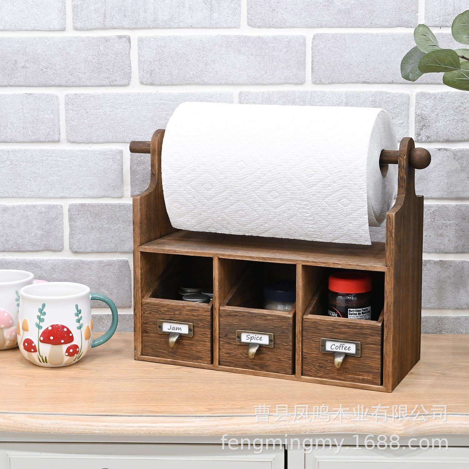 木质桌面纸巾架带收纳盒厨房抹布收纳架调味品储物盒实木卷纸架
