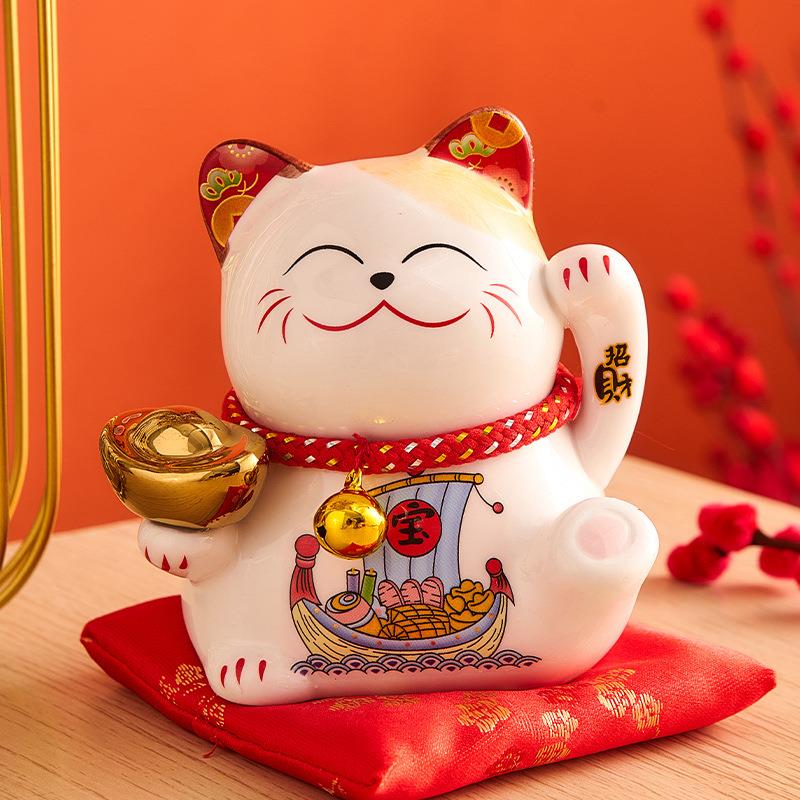 中式招财猫陶瓷摆件可爱猫咪存钱罐储蓄罐新年客厅玄关装饰品