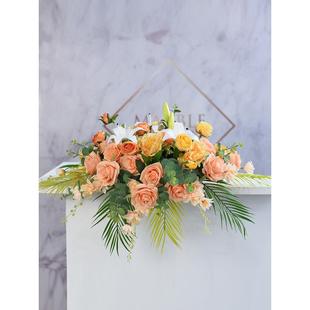 会议桌摆花发言台演讲台花仿真花公司前台摆件签约桌花迎宾签到花